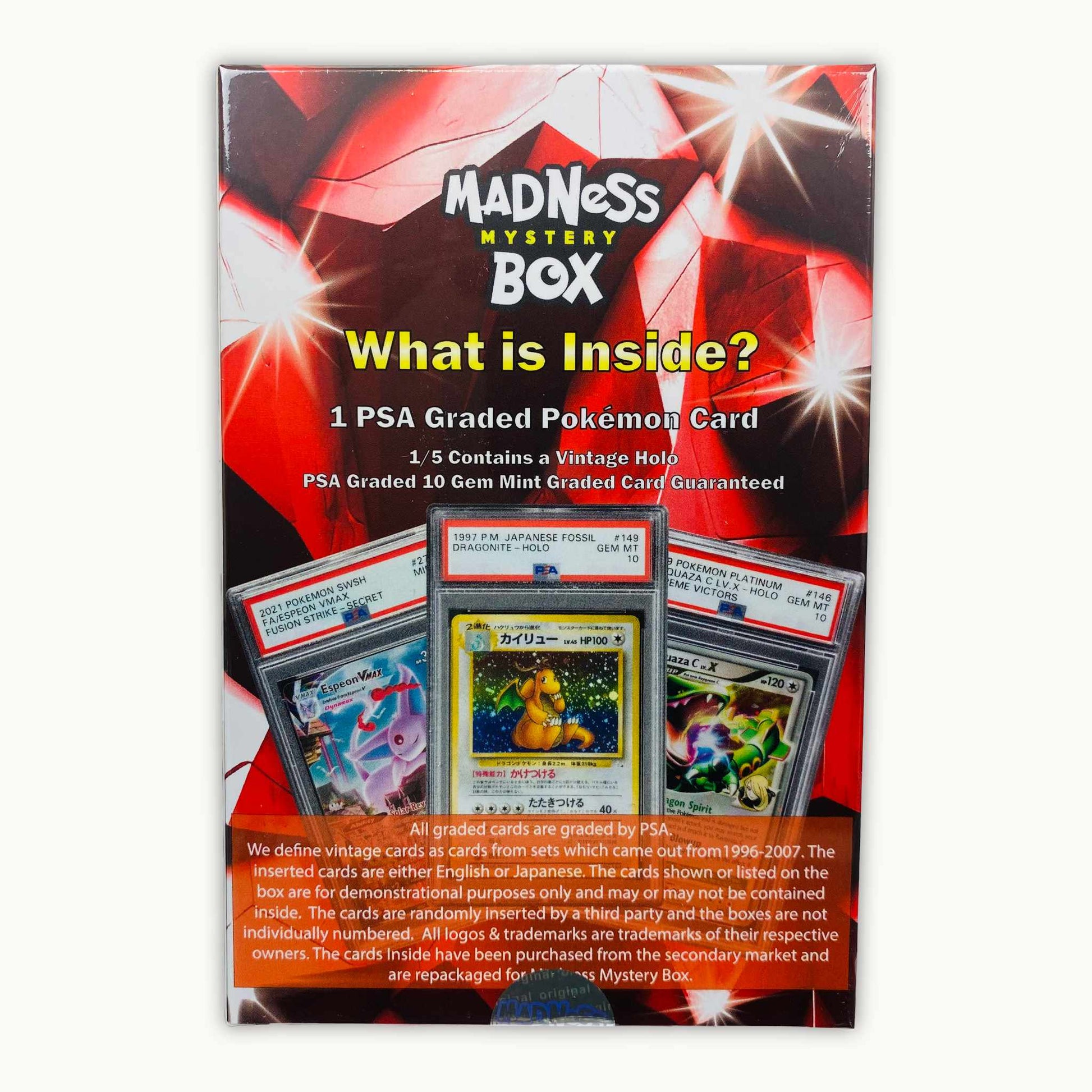 Back side of MADNESS MYSTERY BOX PSA 10 GRADED CARD