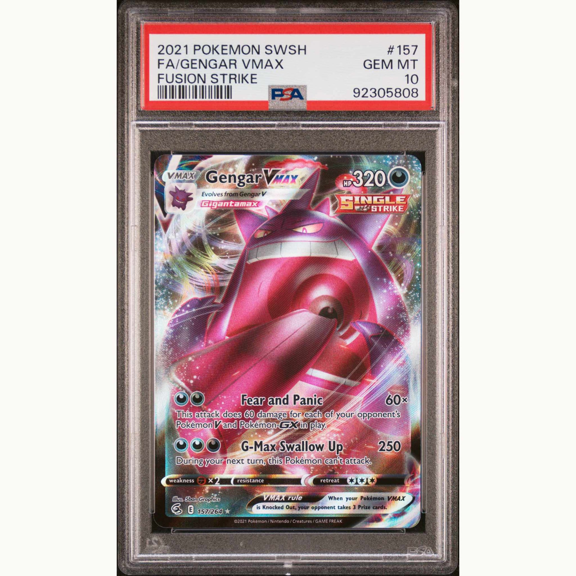 Front side of PSA10 Graded card of FA Gengar VMAX English Sword & Shield Fusion Strike #157