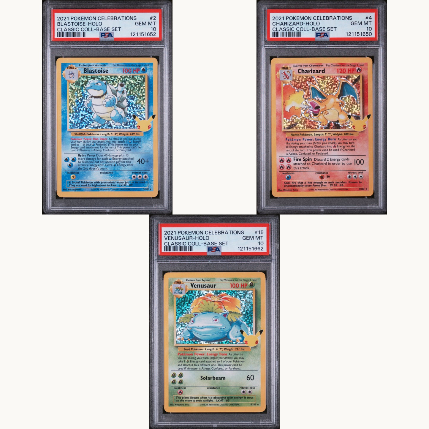 PSA 10 SET: BLASTOISE HOLO 2 / CHARIZARD HOLO 4 / VENUSAUR HOLO 15 (ENG)