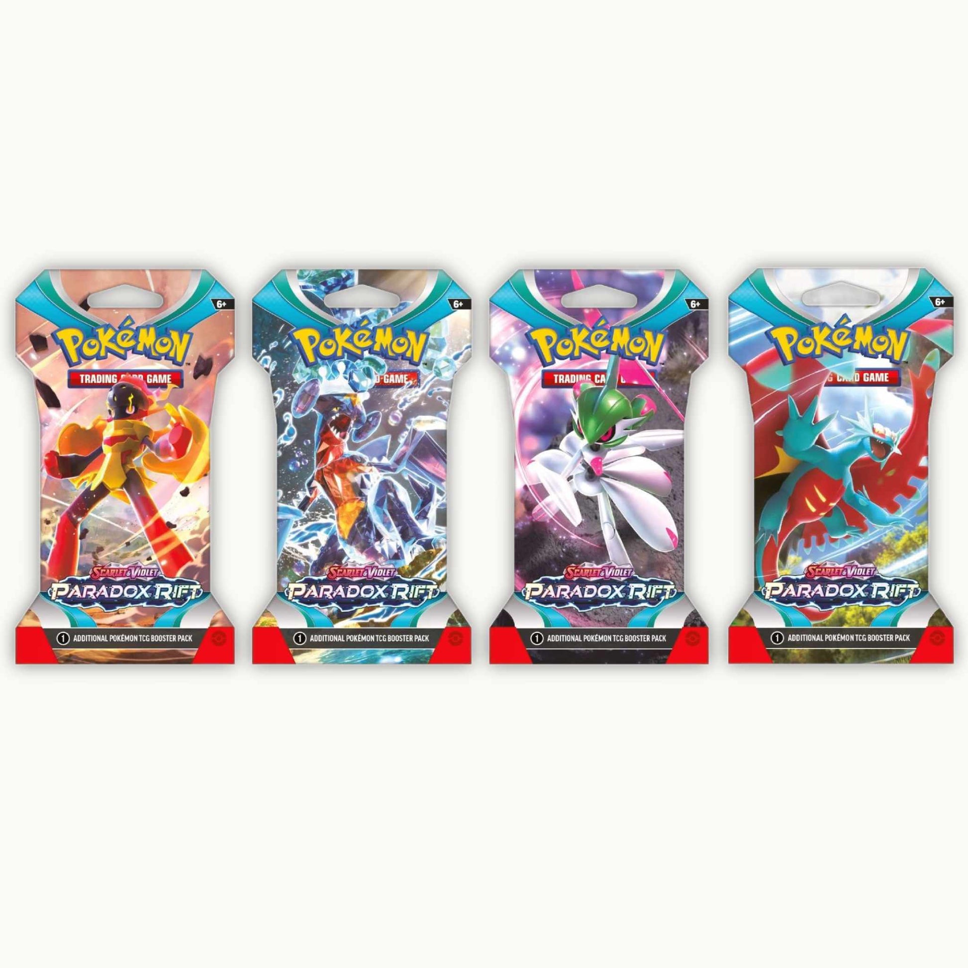 Frontside of 4 Artworkset Sleeved Pokémon Scarlet & Violet Paradox Rift Boosterpacks