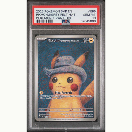 Front side PSA10 Graded card of Pikachu grey felt hat Pokemon X van gogh #085 PROMO